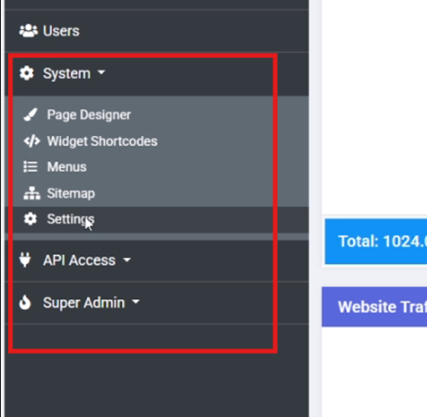 Settings Menu in Vedanta Software CMS