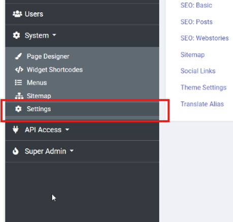 Settings in Vedanta Software CMS